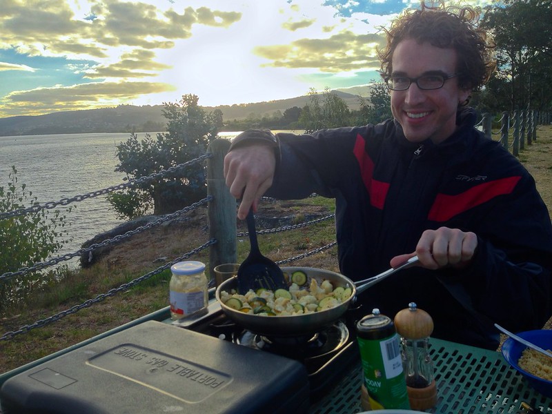 cooking at our free campervan spot in Taupo