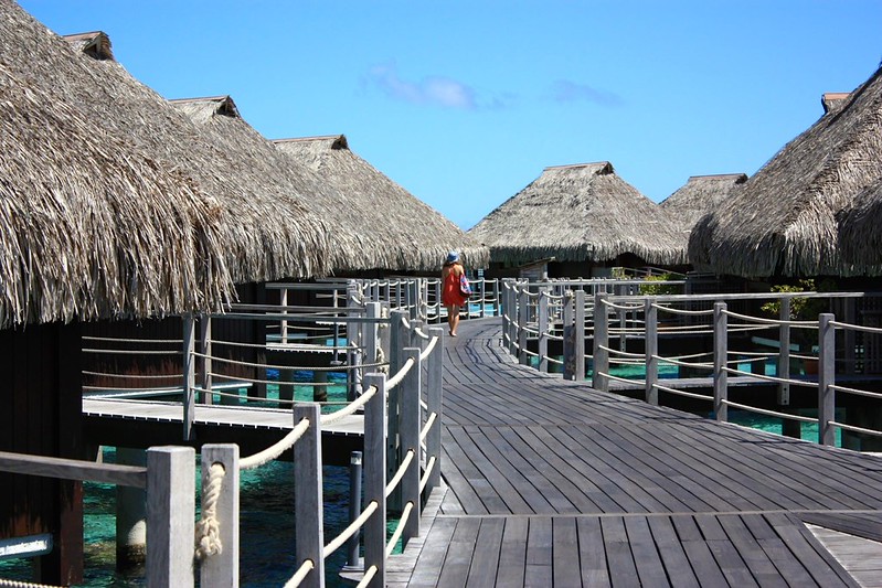 Lina walking down the deck at Hilton Moorea