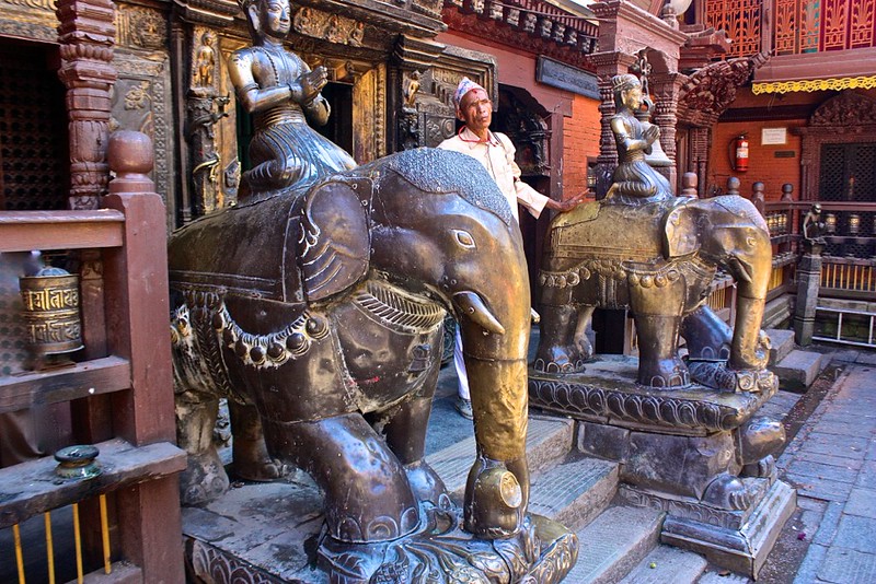a man and his elephants at the Golden Temple in Patan