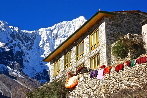 clothes dry on the walls of the Thame Gompa Monastery