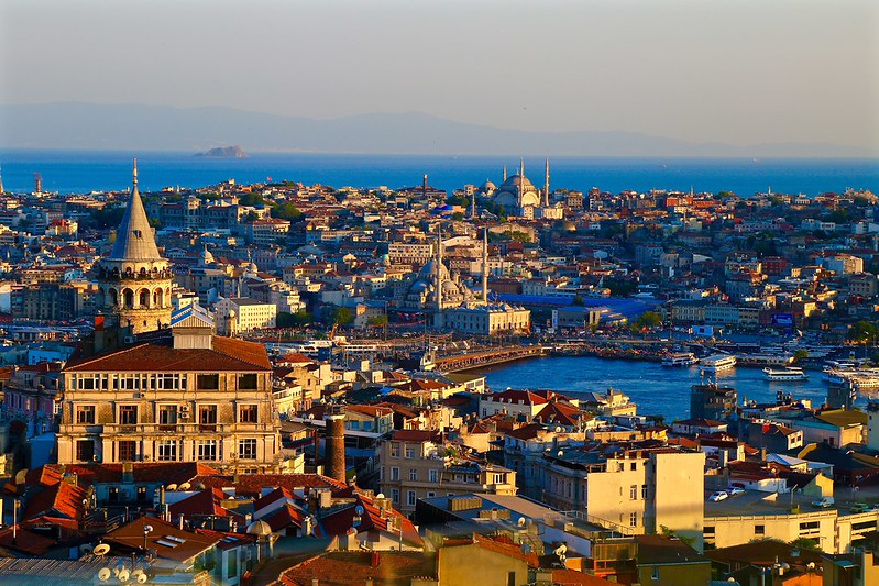Sunset view of the Galata tower and bridge from the rooftop bar at Mikla at The Marmara Pera