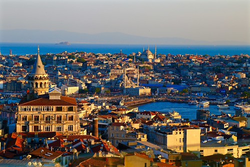 Sunset view of the Galata tower and bridge from the rooftop bar at Mikla at The Marmara Pera