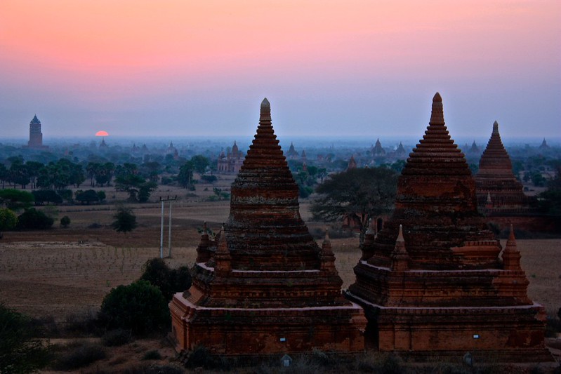 Note: the background is not a watercolor painting. There are just 4,000 stupas in this town and it created a beautiful backdrop to this sunrise Note: the background is not a watercolor painting. There are just 4,000 stupas in this town and it created a beautiful backdrop to this sunrise
