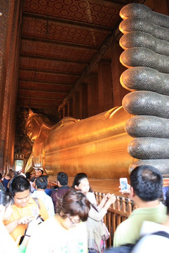 At Wat Pho, perspective from feet of a giant reclining Buddha. 46m long, 15m high.