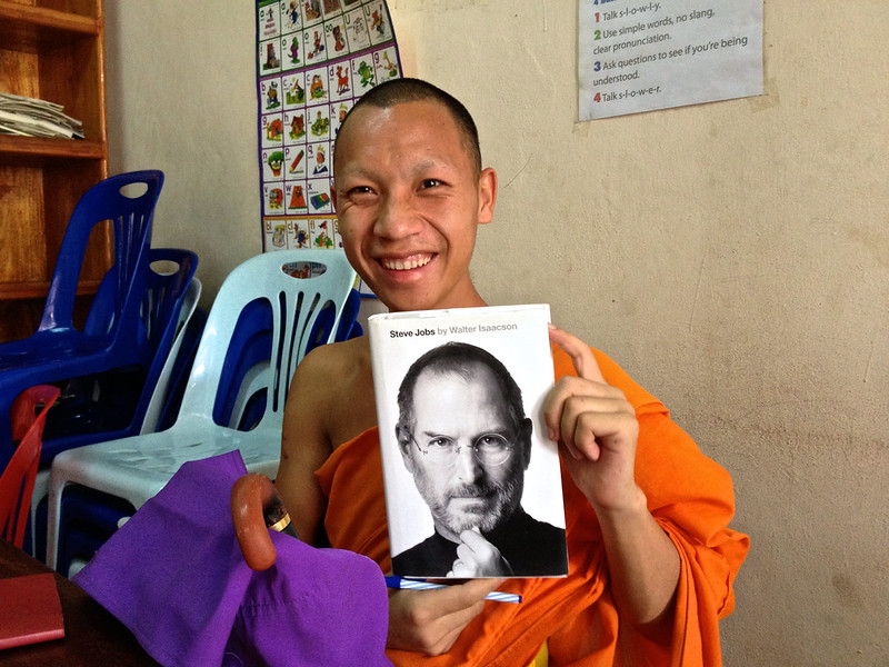 A novice monk at big brother mouse tutoring center in Luang Prabang