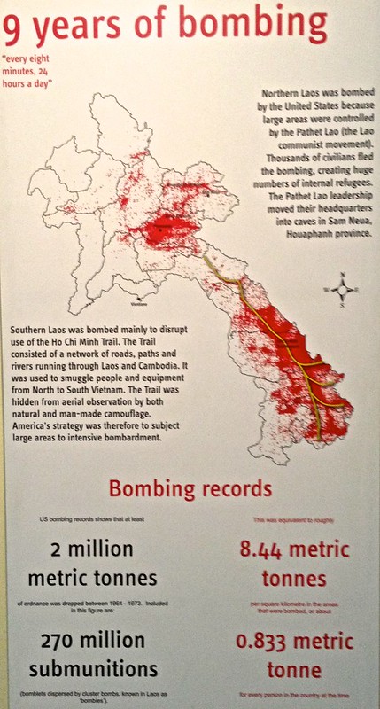 Red dots are where the US dropped bombs over Laos--during and after the Vietnam war--called the "Secret War"
