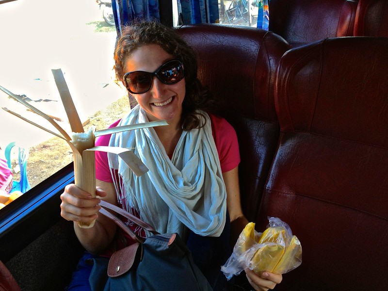 Lina's favorite new snack. Sweet sticky rice stuffed in a bamboo case… And a side of mango. On our way to Kratie Lina's favorite new snack. Sweet sticky rice stuffed in a bamboo case… And a side of mango. On our way to Kratie