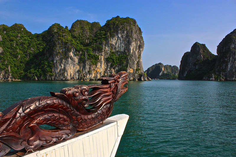 The dragon on the front of our boat leads the way deeper into Ha Long Bay The dragon on the front of our boat leads the way deeper into Ha Long Bay