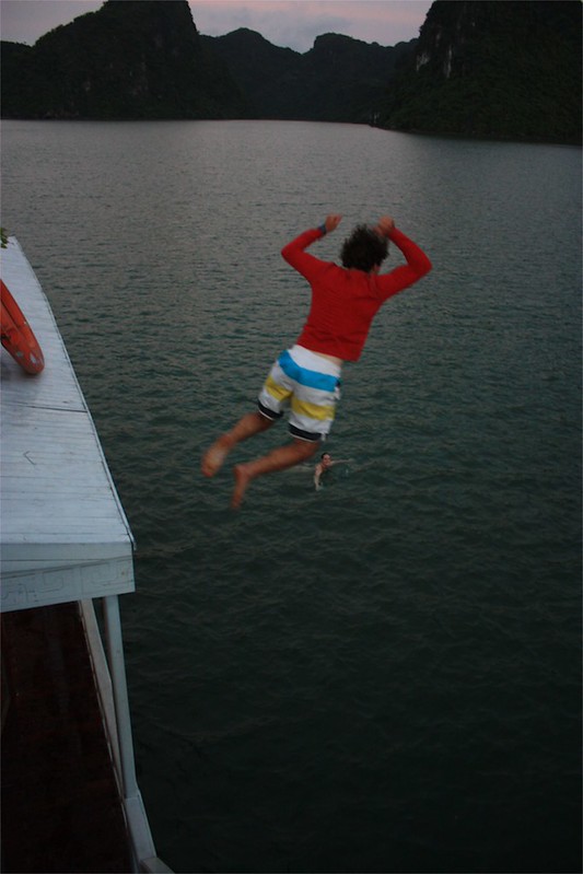 Me… less gracefully jumping off of our boat. Me… less gracefully jumping off of our boat.