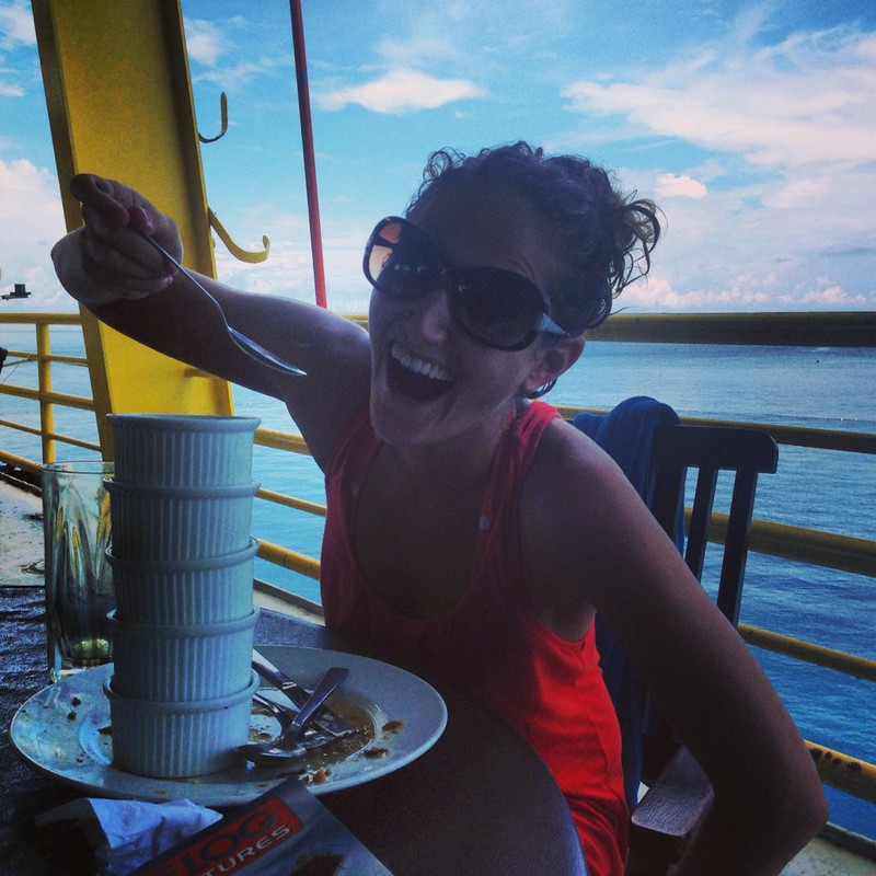 Lina eating dessert on the dive rig Lina eating dessert on the dive rig