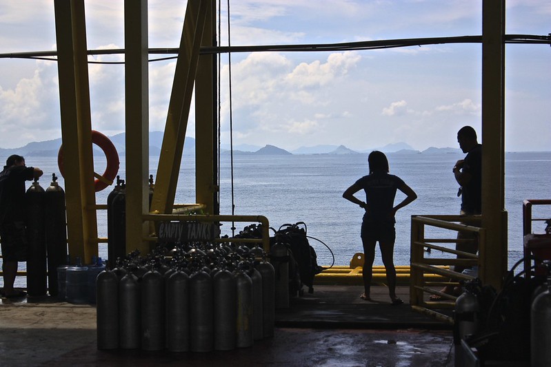 Loading the elevator on Seaventure dive rig. Bonus: view Loading the elevator on Seaventure dive rig. Bonus: view